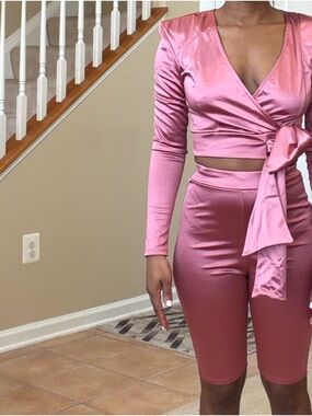Fashion Nova Pink Satin Wrap Crop Top & Bike Shorts Set
